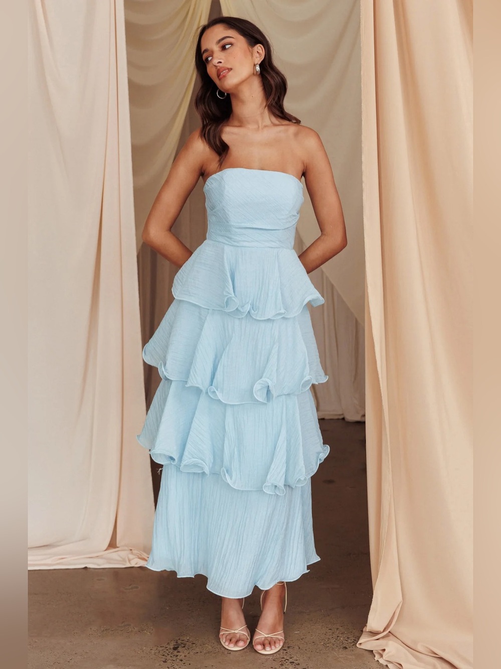 Here Comes the Sun || Giavana Strapless Layered Midi Dress Pale Blue Medium